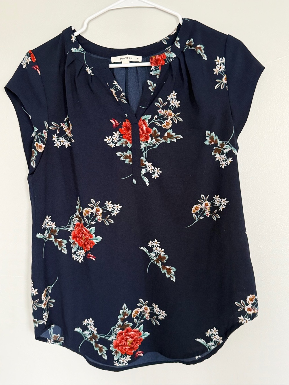 fun 2 fun Navy Floral Cap-Sleeve Blouse with Red Accents